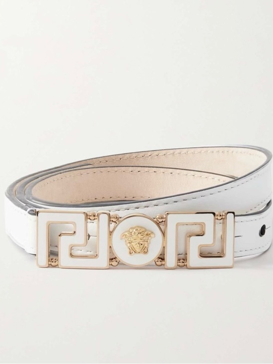 Versace Greca Goddess White Leather Belt with Gold Medusa Medallion Buckle